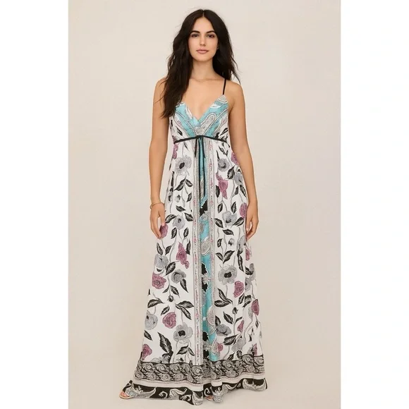 EUC Hale Bob 100% Silk Floral Mirror Flower Fauna Print V-Neck Maxi Dress M​​​​